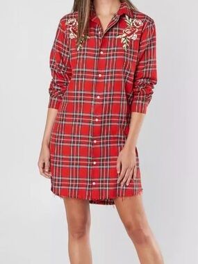 Kendall & Kylie Red Plaid Shirt Dress Embroidery Floral Western Rodeo Maximalism